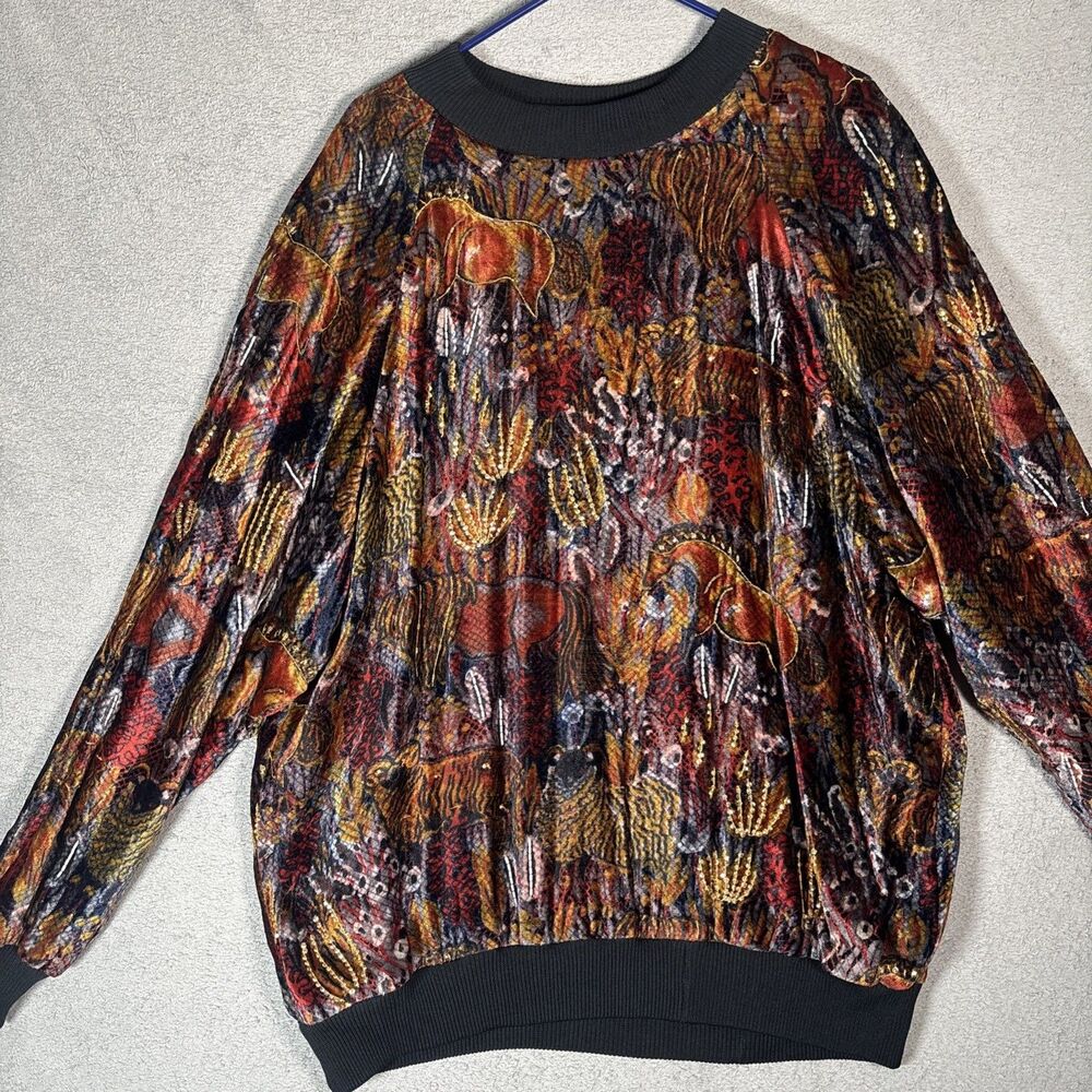 VNTG Judith Ann Creations Sweater Women's Size 2X Lined Rayon Artsy Horse Farm - Picture 2 of 16